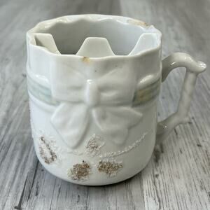 Vintage White Gold Floral Bow Accent Shaving Mug Cup Decor
